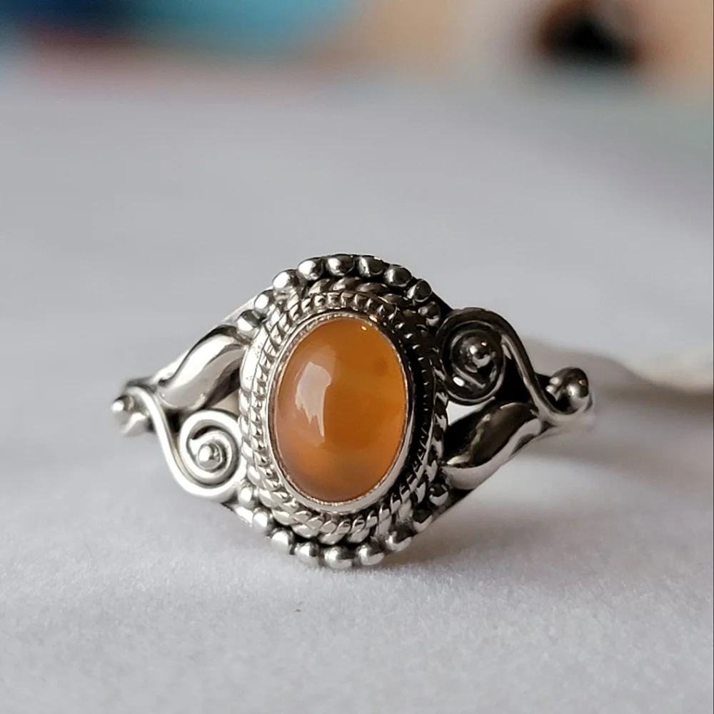 Carnelian Sterling Silver Dahlia Ring Oval Gemstone Cabochon Filigree